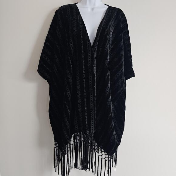 Johnny Was Kimono Womens Large Black Velvet Burnout Fringe Boho Silk Fringe - Picture 1 of 9